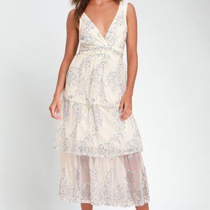 Lulus Viviana Blue and White Embroidered Lace Midi Dress NWT